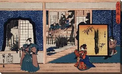 Картина Прием (1835-1839) (Act II: Konami Receiving Rikiya while Her Mother Watches; Honzō Holds a Pine Branch after Cutting with Wakasanosuke's Sword)