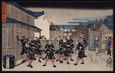 Картина Дом Гиги (1835-1839) (Act X: Rōnin Carrying a Basket that Conceals Yuranosuke into Gihei's House)