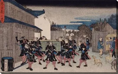Картина Дом Гиги (1835-1839) (Act X: Rōnin Carrying a Basket that Conceals Yuranosuke into Gihei's House)