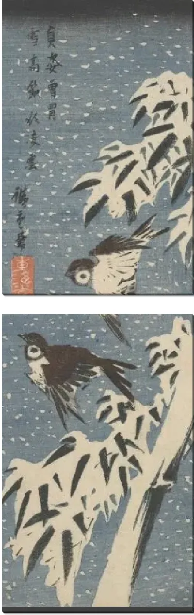Картина Воробьи и бамбук в снегу (1830) (Sparrows and Bamboo in Snow)