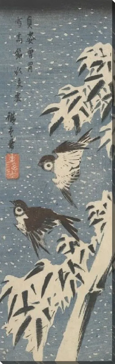 Картина Воробьи и бамбук в снегу (1830) (Sparrows and Bamboo in Snow)