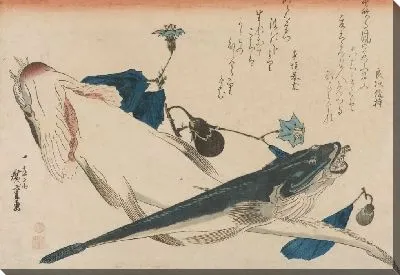 Картина Рыбы с цветущими баклажанами (1850) (Bartail flatheads with Flowering Eggplant)