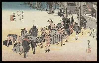 Картина Носильщики (1828-1835) (Het verwisselen van kruiers en paarden te Fujieda)