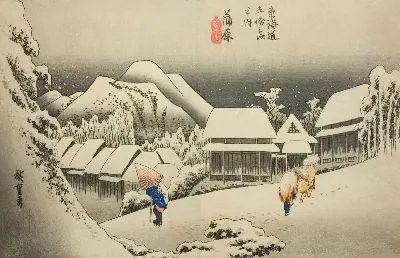 Картина Вечерний снег (1833-1834) (Kanbara, Evening Snow (Kanbara, yoru no yuki), from the series "Fifty-three Stations of the Tokaido Road" ("Tokaido gojusan tsugi no uchi"))