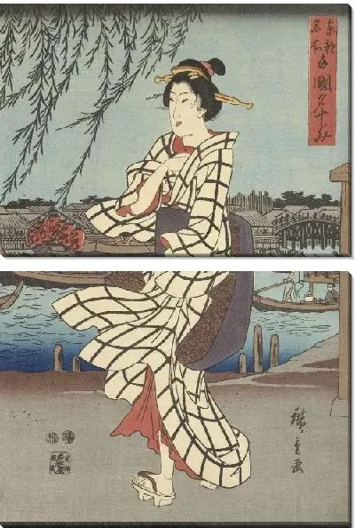 Картина Риогоку бруг (1847-1848) (Beroemde plekken in de Oostelijke hoofdstad: Genietend van een avondbriesje bij de Ryogoku brug)