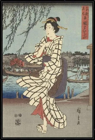 Картина Риогоку бруг (1847-1848) (Beroemde plekken in de Oostelijke hoofdstad: Genietend van een avondbriesje bij de Ryogoku brug)