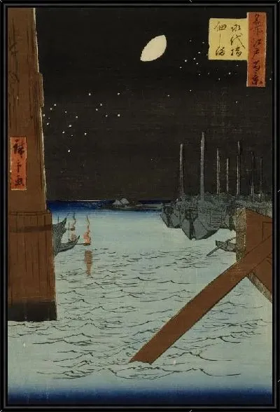 Картина Луна над судами (1857) (Moon over Ships Moored at Tsukuda Island from Eitai Bridge)