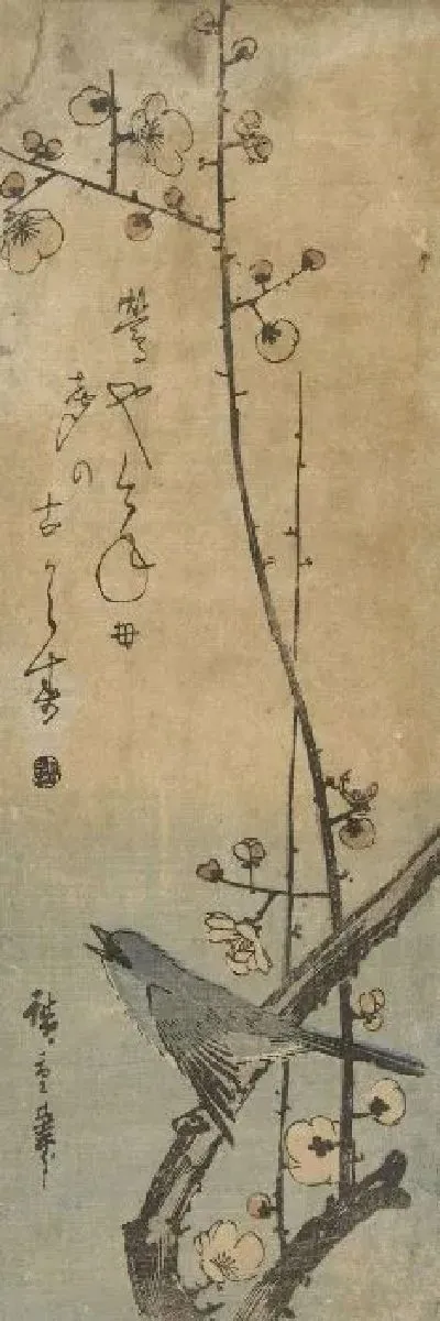 Картина Маленькая певица (1843-1844) (Japanse struikzanger op pruimentak, met haiku)