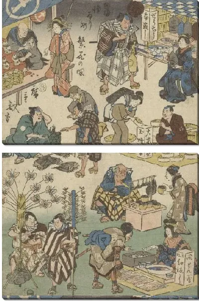 Картина Семь киосков на рынке (1852) (Zeven kraampjes op de avondmarkt in de Joruri straat)