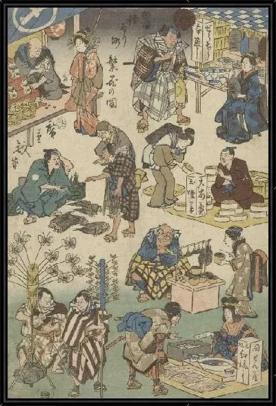 Картина Семь киосков на рынке (1852) (Zeven kraampjes op de avondmarkt in de Joruri straat)