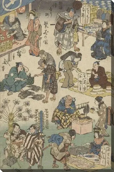Картина Семь киосков на рынке (1852) (Zeven kraampjes op de avondmarkt in de Joruri straat)