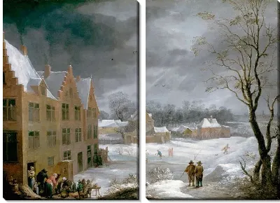 Картина Зимняя сцена с человеком, убивающим поросенка (1650) (Winter Scene with a Man Killing a Pig)