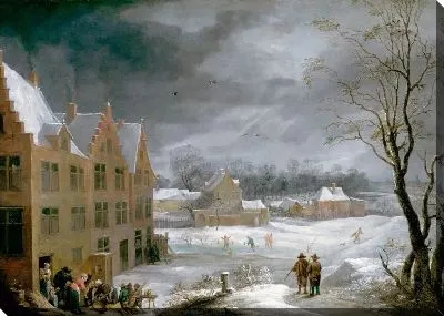 Картина Зимняя сцена с человеком, убивающим поросенка (1650) (Winter Scene with a Man Killing a Pig)