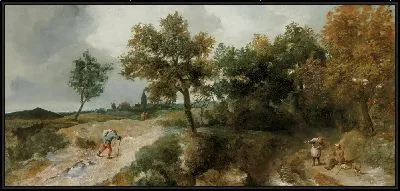 Картина Холмистый пейзаж с крестьянами (Hilly landscape with resting peasants)