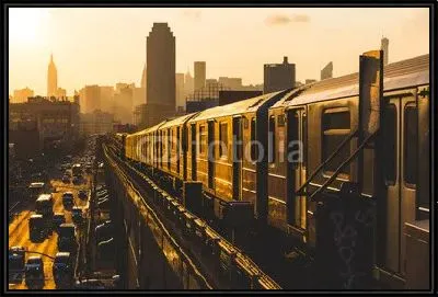 Поезд метро в Нью-Йорке на закате