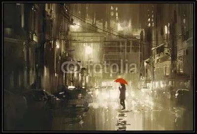 Женщина с красным зонтиком в дождь