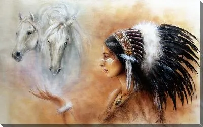Картина маслом Лошади и житель племени