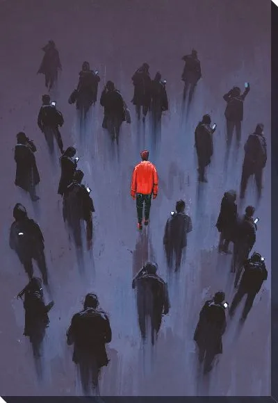 Картина маслом Группа зависимых людей и одинокий мужчина в красном