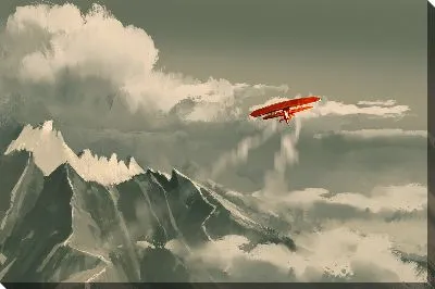 Полет красного самолета над горами