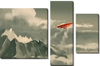 Полет красного самолета над горами