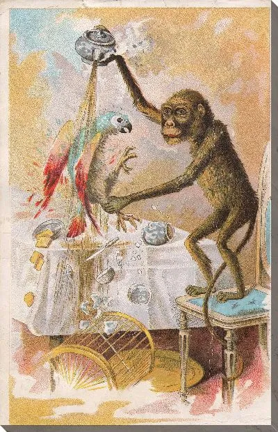 Картина маслом Обезьяна моет попугая