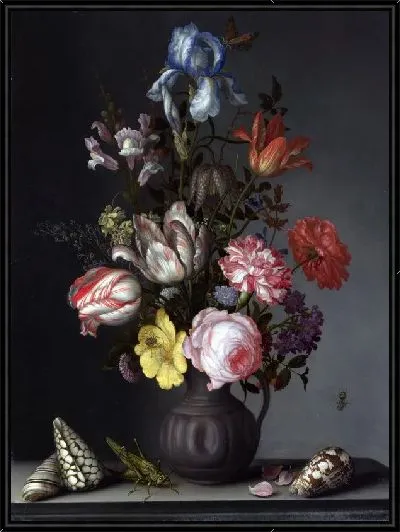 Картина Цветы в вазе и насекомые (Flowers in a Vase with Shells and Insects)