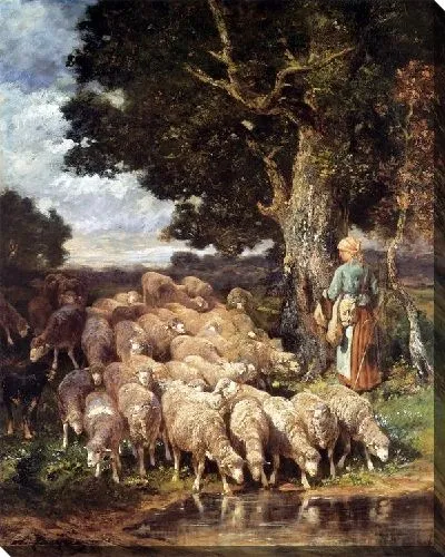 Картина Пастушка с овечками у ручья (Shepherdess with sheep near a stream)