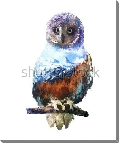 Картина маслом Двойная экспозиция акварельной живописи / сова и пейзаж