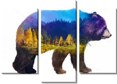 Модульная картина Двойная экспозиция живописи - медведь и среда его обитания