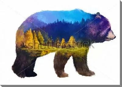 Постер Двойная экспозиция живописи - медведь и среда его обитания