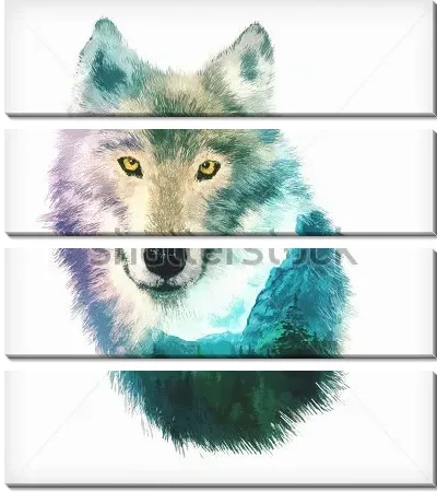 Модульная картина Двойная экспозиция - волк и горы