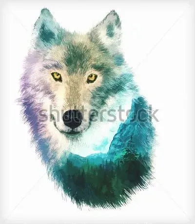 Плакат Двойная экспозиция - волк и горы