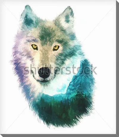 Постер Двойная экспозиция - волк и горы