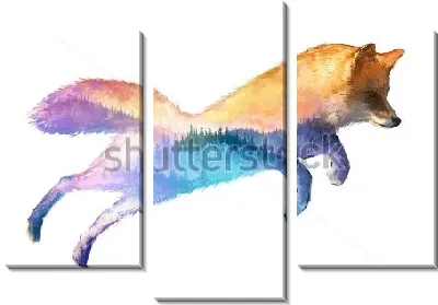 Модульная картина Двойная экспозиция - лис и живописный пейзаж