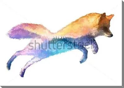 Двойная экспозиция - лис и живописный пейзаж