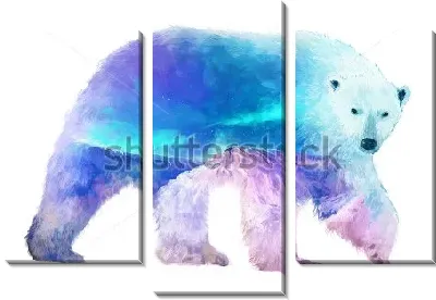 Модульная картина Двойная экспозиция - медведь и северное сияние