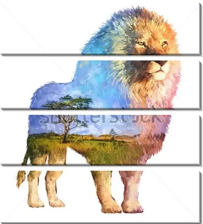 Двойная экспозиция - лев и саванна