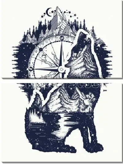 Модульная картина Двойная экспозиция - волк и горы №2