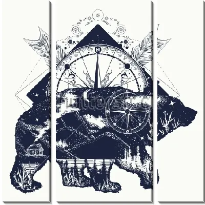 Модульная картина Двойная экспозиция - медведь и роза ветров