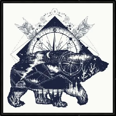 Двойная экспозиция - медведь и роза ветров