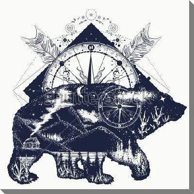 Двойная экспозиция - медведь и роза ветров