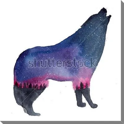 Картина маслом Двойная экспозиция - волк и звездная ночь