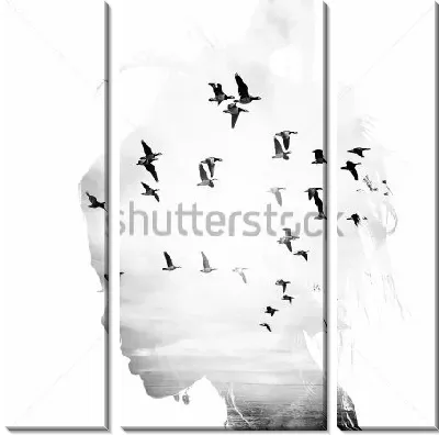 Двойная экспозиция - голова девушки и птицы