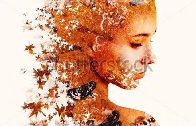 Плакат Двойная экспозиция - лицо девушки и осень