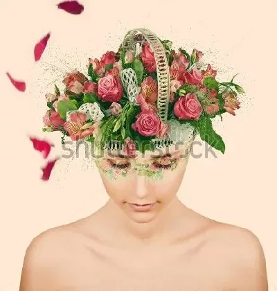 Плакат Двойная экспозиция  -  девушка с цветами на голове