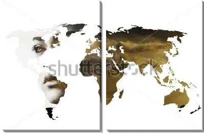 Модульная картина Двойная экспозиция  -  лицо девушки и карта мира