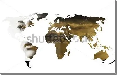 Постер Двойная экспозиция  -  лицо девушки и карта мира