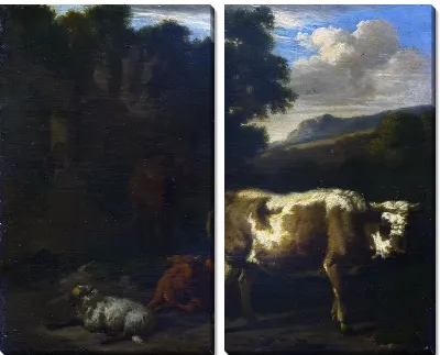 Картина Телята,, овцы и лошади на (Two Calves, a Sheep and a Dun Horse by a Ruin)руинах