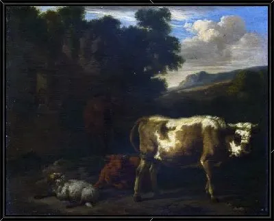 Картина Телята,, овцы и лошади на (Two Calves, a Sheep and a Dun Horse by a Ruin)руинах