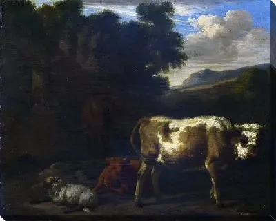 Картина Телята,, овцы и лошади на (Two Calves, a Sheep and a Dun Horse by a Ruin)руинах
